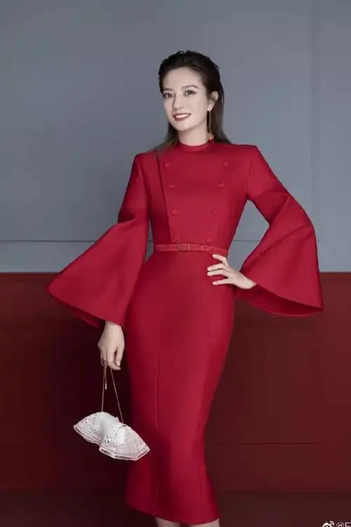 0312-06 赵薇明星同款喇叭袖红色连衣裙s码数胸围84腰