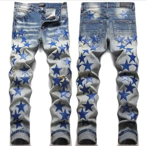 高街新款破洞蓝色星星贴布补丁时尚修身小脚满天星弹力牛仔裤男潮