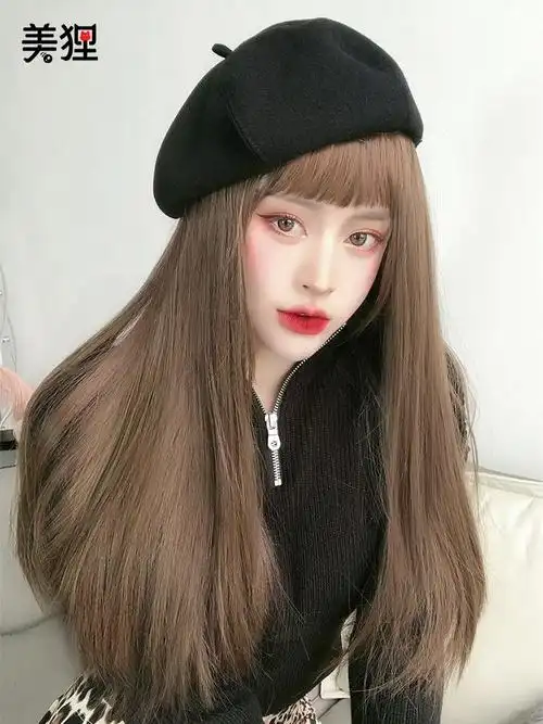 假发女长发帽子一体时尚女秋冬2021新款网红空气刘海贝雷帽长直发
