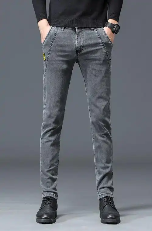 秋冬低腰牛仔裤男修身型加绒加厚深灰色牛仔裤男士韩版小脚裤男生弹力