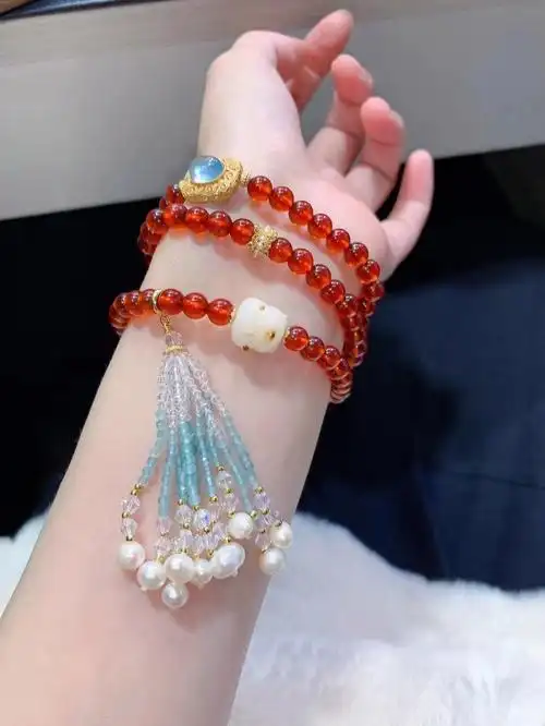 极品橙红石榴石手工设计款三圈手链手串