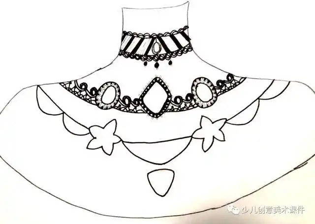 难点:本节课主要用综合材料进行绘画创作,用黑色记号笔画出项链的轮廓