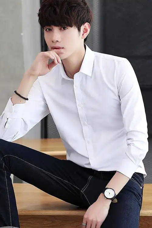 男士白衬衫男韩版长袖寸衫修身韩版潮流简约打底衫衬衣商务正装