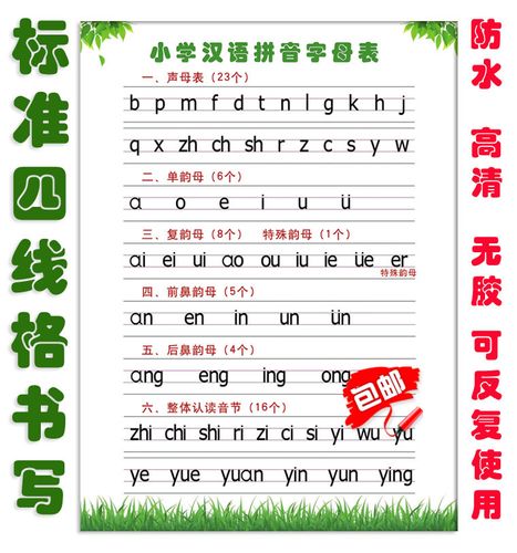 汉语拼音字母表声母韵母四声调四线格小学生一年级卡挂图挂画包邮