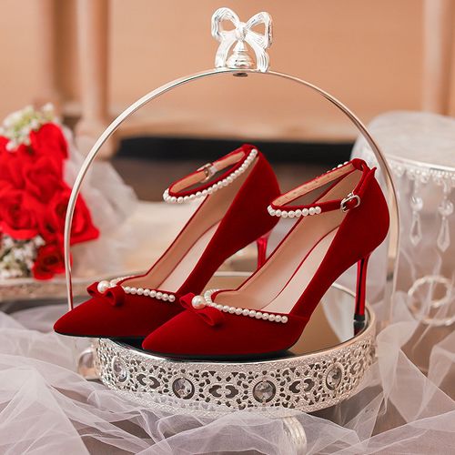 真皮法式婚鞋夏季女2021年新款新娘鞋秀禾服细跟红色高跟鞋