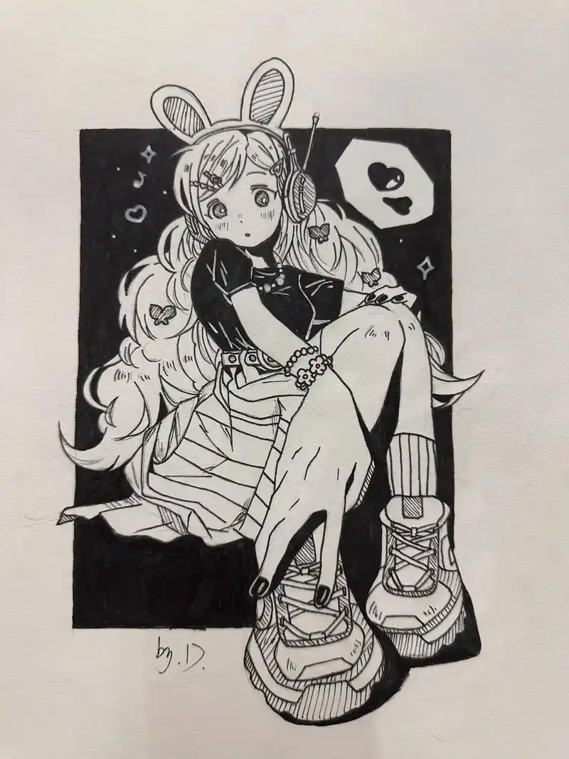 黑白美少女线稿五连8215.一周高产=草率细节#临摹 #手绘 # - 抖音