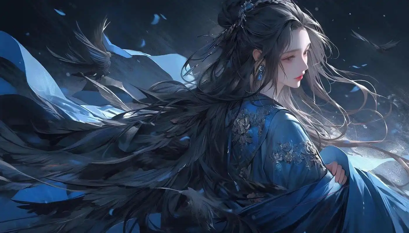 蓝色系横版古风插画:水袖舞姬唱今生,有幸流年曾相识.