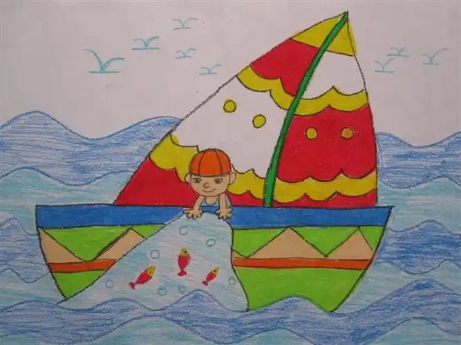 捕鱼小孩幼儿蜡笔画作品