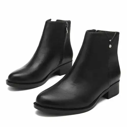 秋冬女鞋加绒平底短靴女裸靴黑色尖头休闲女靴短筒平跟马丁靴棉靴