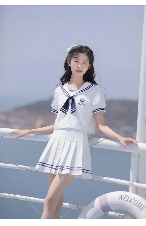 少女水手服海军风甜美套装裙日系条纹jk学院风两件白色连衣裙领带l