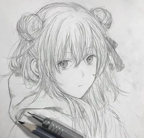 铅笔稿,动漫人物线稿,活泼可爱的美少女