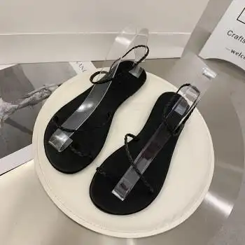 凉鞋平底凉鞋女夏季感小众仙女鞋百搭夹趾罗马鞋黑色35标准码数女款