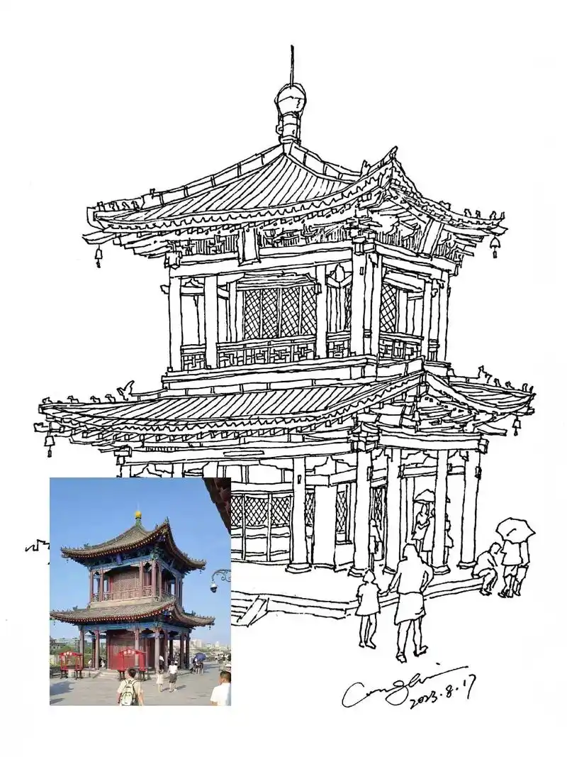 西安文昌门之魁星楼.#创作灵感 #速写 #风景速写 #钢笔速 - 抖音