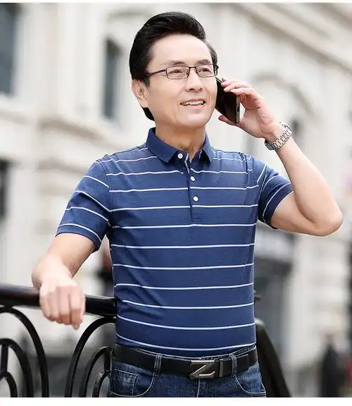verhouse 夏季新款中年男士休闲宽松polo衫短袖薄款翻领条纹爸爸装t恤