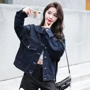 女ins潮韩版宽松2021春季新款复古百搭网红上衣,牛仔服搭配连帽衫图片