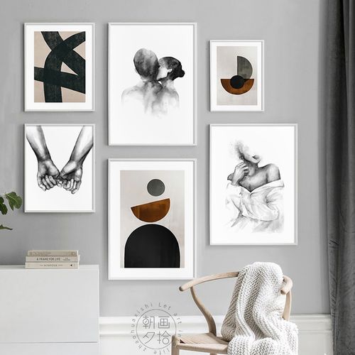 简约北欧抽象几何壁画黑白人物情侣牵手文艺照片墙装饰画