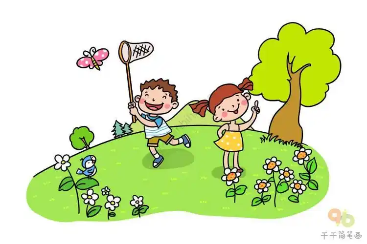春天来了简笔画让我们一起去扑蝴蝶吧儿童简笔画去旅行简笔画儿童插画