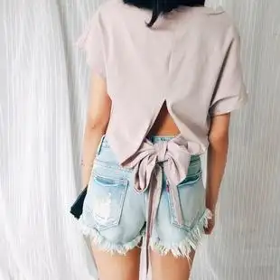 纯色后背镂空绑带简约v领百搭短袖棉质女t恤衫