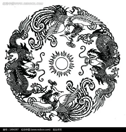 中国古典图案-龙和凤凰龙珠圆形图案