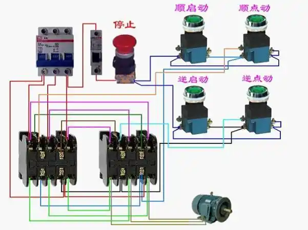 器 一个启动 一个点动 和一个停止按纽控制三项电动机的实物接线图