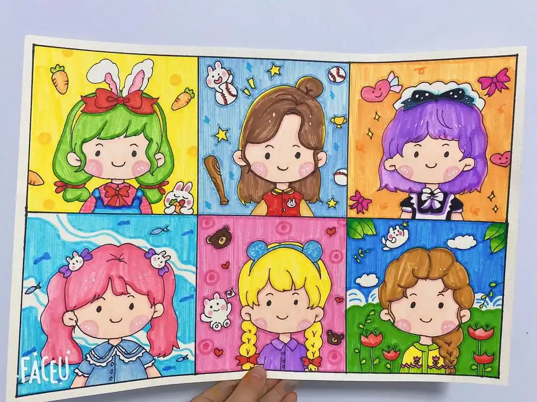 儿童画卡通头像彩笔画过程图