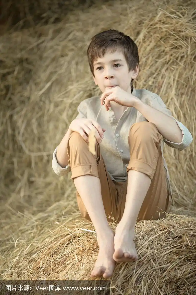 俄罗斯农场的小男孩赤脚坐在乡下谷仓的干草上.