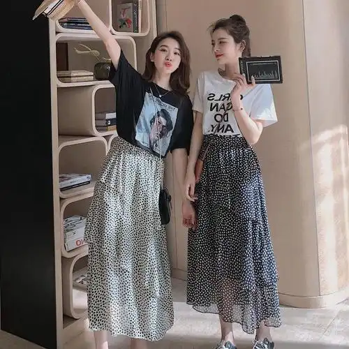 实拍韩范chic淑女黑底白波点中长款复古雪纺收腰a字半身裙蛋糕裙