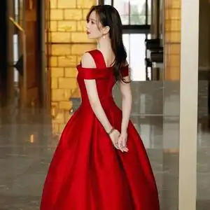 刘诗诗明星同款晚礼服宝蓝红色新娘结婚敬酒缎面高端宴会连衣裙夏