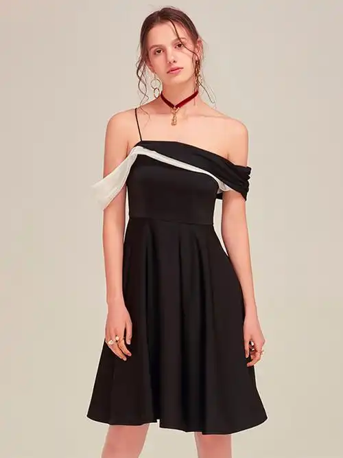 黑色吊带复古礼服 · 吊带拼接经典礼服连衣裙 黑色 l