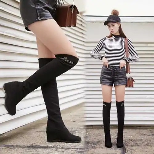 bomina秋冬女靴弹力靴过膝长靴坡跟高筒靴靴子女冬长筒靴