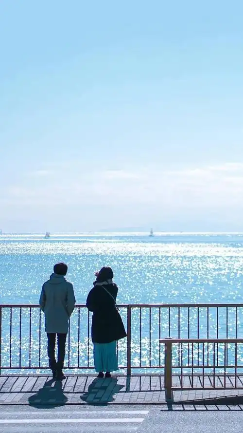 情侣看海背影