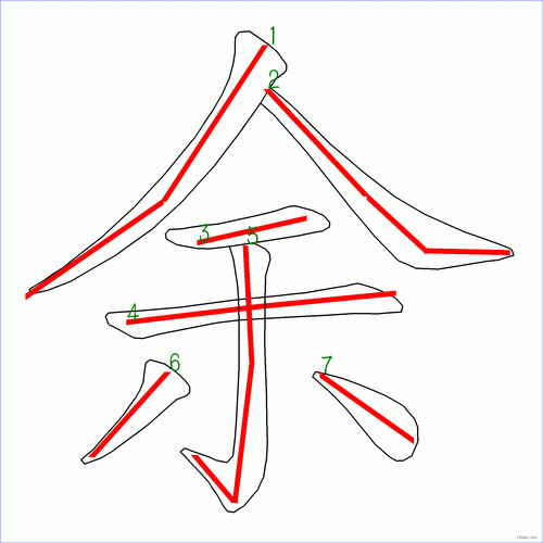 汉字: 余的笔画顺序 (7画) | 7115笔顺字典90