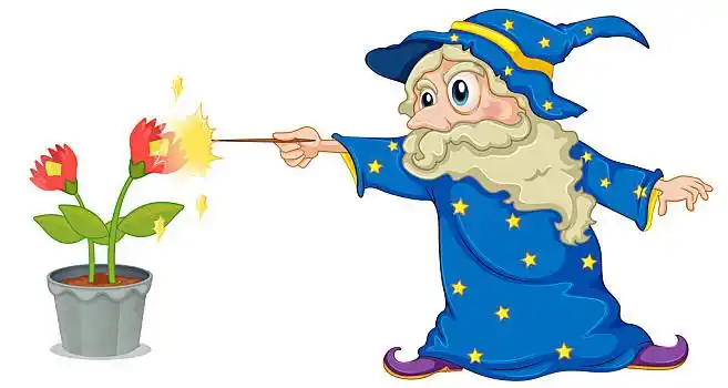 巫师,拿着,魔法棒,指点,花,插画,白色背景