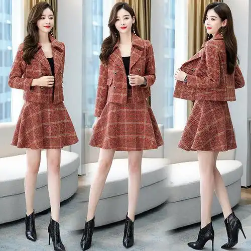 2件套装潮流衣服女 春秋两件套女装春季时髦格子半身裙子春款韩版修身