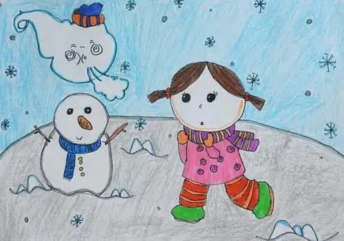 少儿书画作品-雪地里的雪人/儿童书画作品雪地里的雪人欣赏_中国少儿