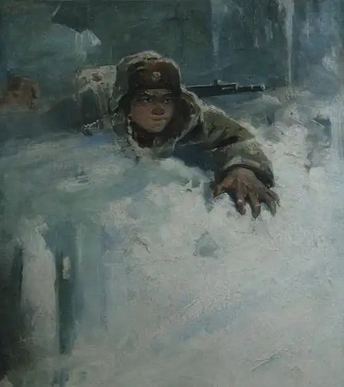 (3/5)1963年-开路-55x48cm-布面油画-中印边界反击战英雄肖明生