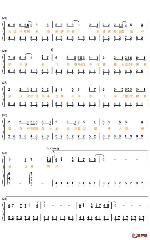 麻雀简谱_李荣浩_麻雀f调钢琴简谱_数字双手 - 吉他屋乐谱网