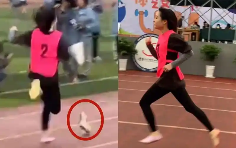 女生参加跑步比赛刚出发就掉鞋坚持赤脚跑完全程画面引人狂赞