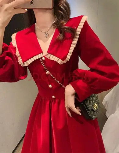 长裙喜庆冬装圣诞节过年衣服新款法式正红色回门连衣裙子女秋冬季