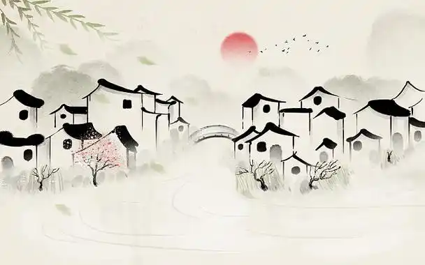 山水风景水墨插画江南水乡水墨水乡psd素材江南水乡水墨插画