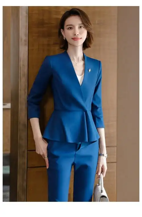 无领商务西装百搭宽下摆工作服营业员店长工装 深蓝色西装 深蓝色西裤