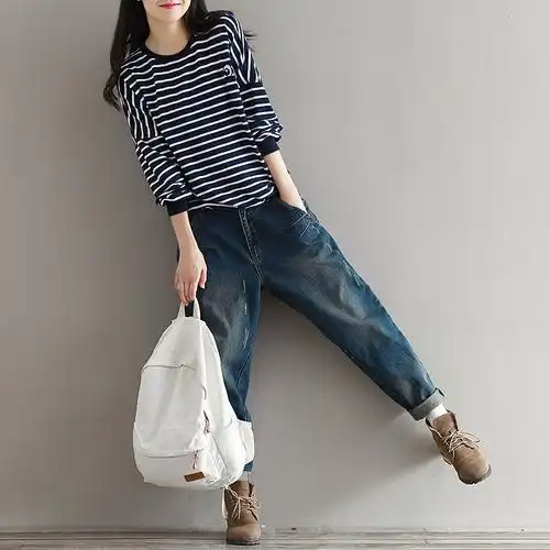 2018春季新款怀旧复古牛仔萝卜裤小脚垮裤大码女装长裤宽松哈伦裤