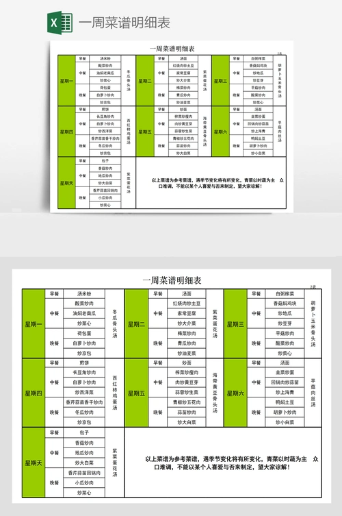 一周菜谱明细表