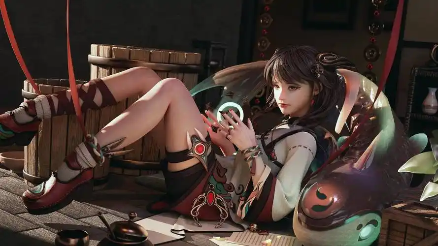 女孩 鱼 木桶 红绸带 门 地板 3d 镯子 4k高清动漫壁纸