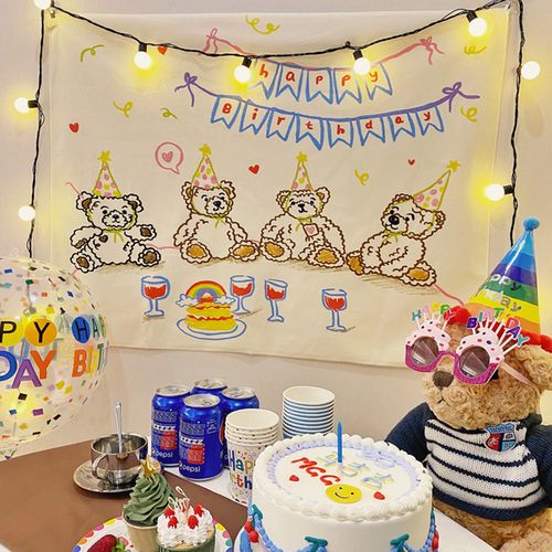 马吉吉-小熊陪你过生日 ins派对场景布置装饰背景布挂布拍照道具
