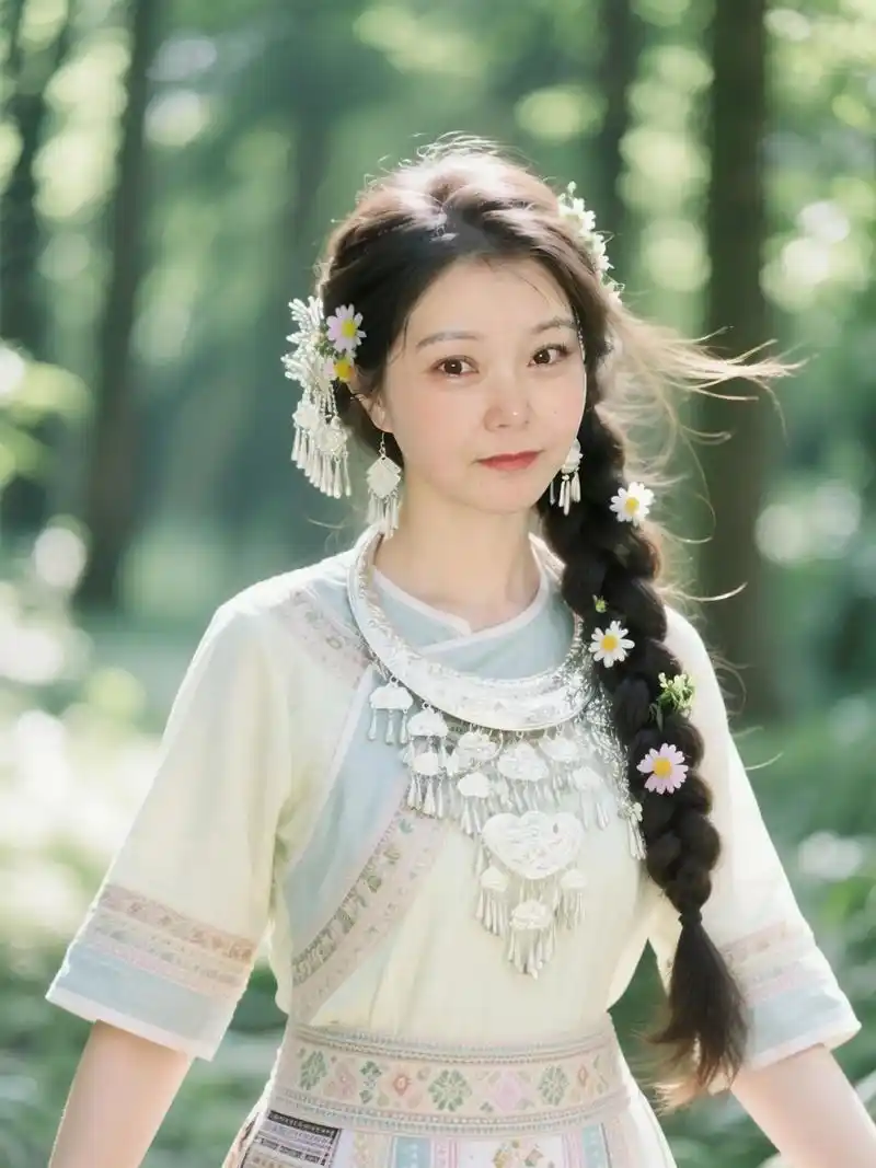 al把我变成一个苗族美女,扎着蓬松的网红单麻花辫,辫子上插着