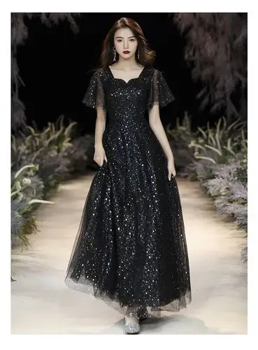 恒染 潮牌女装夏季新品黑色晚礼服女舒适高端气质宴会年会主持人名媛