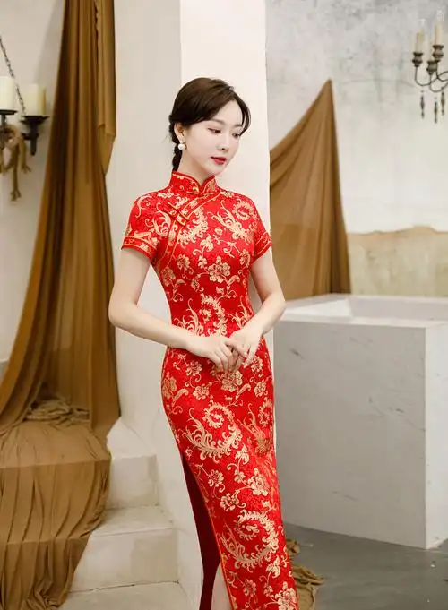 上海旗袍厂gx时尚改良织锦缎长款旗袍2019秋冬新款复古女士新娘红装