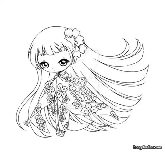 身穿樱花和服的长头发公主涂色简笔画大全