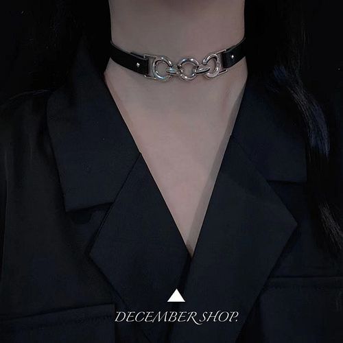 包邮黑色金属链条圆环颈带气质项圈锁骨链网红同款皮带短款小众